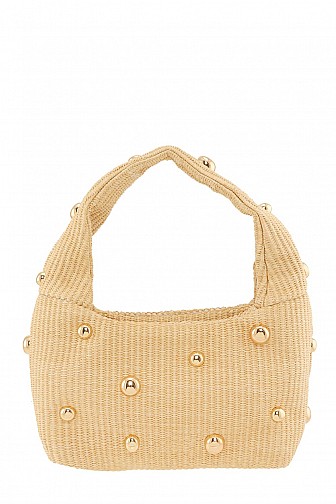 STUD EMBELLISHED STRAW SHOULDER BAG 