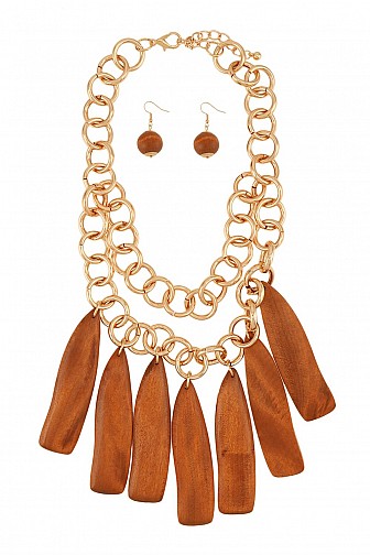 CHUNKY WOODEN CHARM STATION LAYERED NECKLACE SET