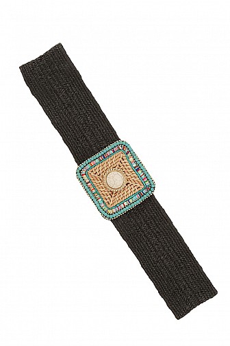 TURQUOISE BEADS SQUARE BUCKLE STRAW BELT