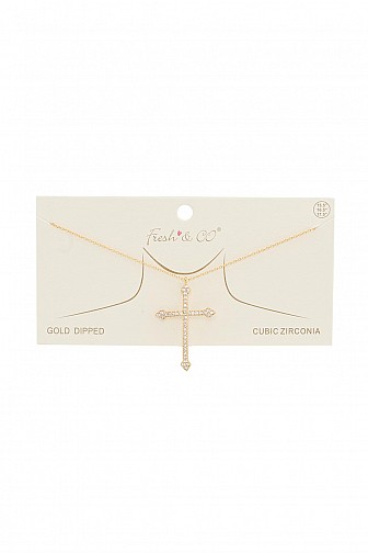 RHINESTONE ENGRAVED POINTY CROSS NECKLACE
