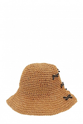 RIBBON PATCHED STRAW BUCKET HAT