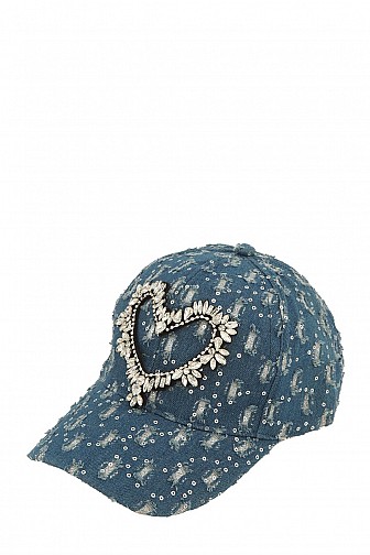 DENIM CAP WITH RHINESTONE HEART ACCENT