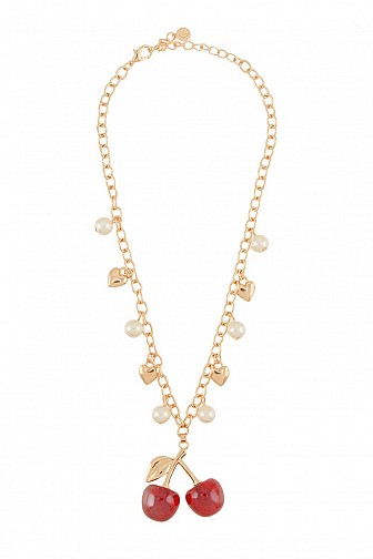 PEARL AND HEART LINKED CHERRY CHARM NECKLACE