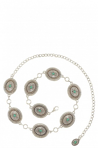 TURQUOISE BEADED FLORAL ENGRAVED DISC CHAIN BELT
