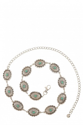 TURQUOISE BEADED TEXTURED WESTERN DISC CHAIN BELT