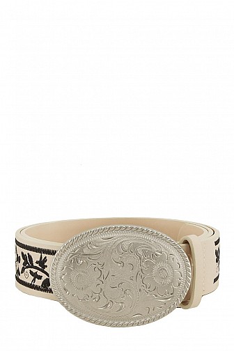 EMBROIDERED FLORAL METAL OVAL BUCKLE WESTERN BELT