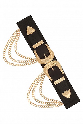 DOUBLE BUCKLE SIDE METAL CHAIN ELASTIC BELT