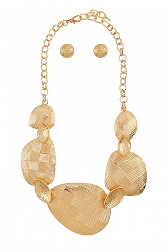 TEXTURED GEOMETRIC METAL STONE LINKED NECKLACE SET