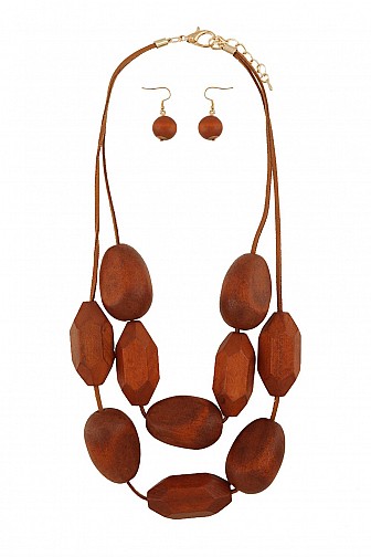 WOODEN STONE BEADED CORD NECKLACE SET
