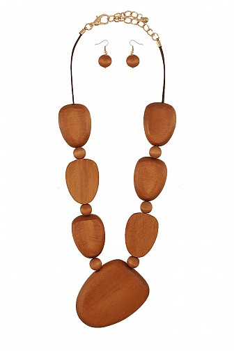 GEOMETRIC WOODEN STONE BEADED CORD NECKLACE SET