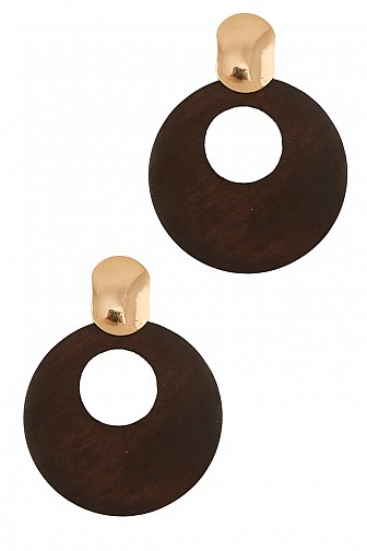 ROUND WOODEN HOLLOW DISC DROP EARRING