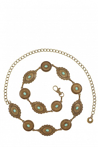 TURQUOISE STUDDED MULTI WESTERN DISC CHAIN BELT