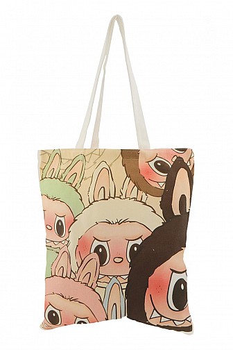 BEIGE VARIOUS CARTOON CHARACTER CANVAS TOTE BAG