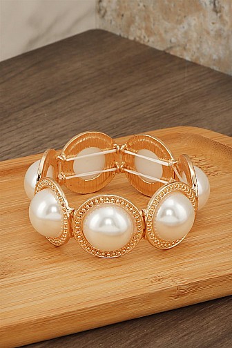 PEARL BEADED RIMMED ELASTIC METAL BANGLE BRACELET