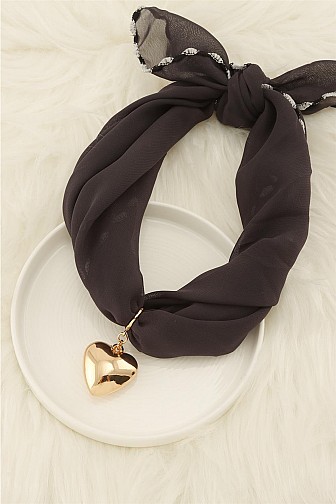 BLACK CHIFFON SCARF NECKLACE WITH A GOLD HEART CHARM
