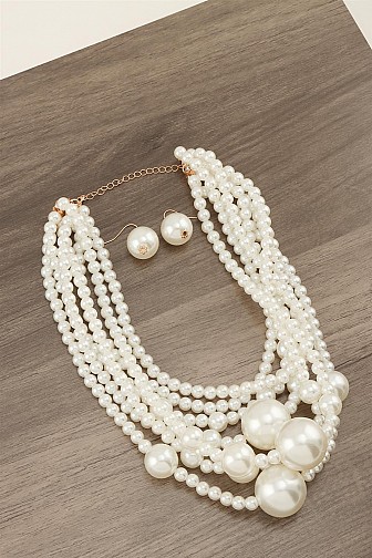 LAYERED PEARL NECKLACE SET WITH MATCHING PEARL EARRINGS