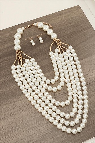 MULTI STRAND PEARL NECKLACE WITH MATCHING PEARL DROP EARRING