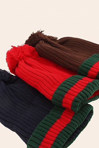 RIBBED KNIT POM-POM BEANIE WITH DESIGNER-INSPIRED STRIPE DETAIL