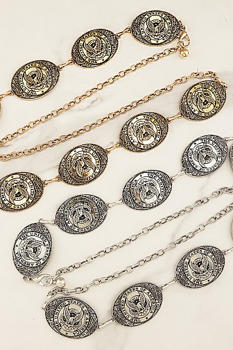OVAL EMBLEM EAGLE CHARM METAL TONE CHAIN BELT