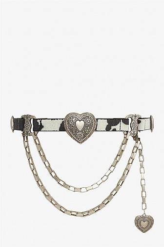 ANIMAL PRINT METALLIC HEART CONCHO CHAIN FAUX LEATHER BELT