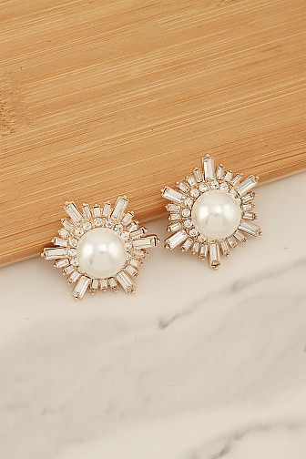 ROUND PEARL CENTER EARRING WITH SPARKLING CRYSTAL SUNBURST DESIGN