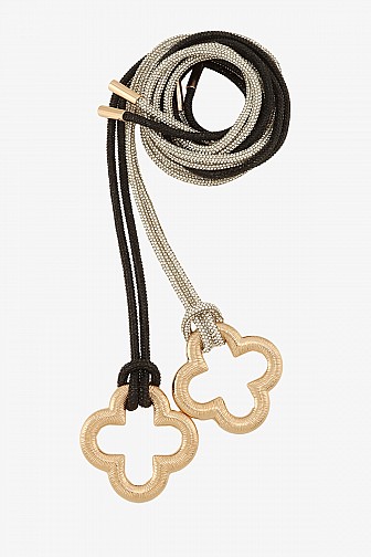 RHINESTONE ROPE BELT WITH GOLD TONE CLOVER PENDANT