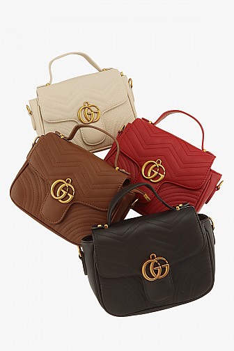 BLACK CHEVRON QUILTED TOP-HANDLE CROSSBODY BAG WITH GOLD ''CG'' LOGO