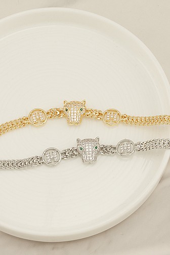 RHINESTONE PANTHER & LOGO LINK BRACELET