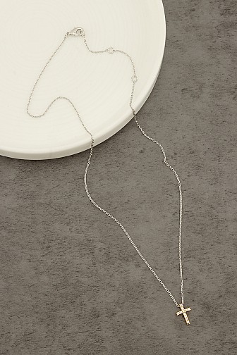 GOLD DIPPED TWO TONE RHINESTONE CROSS PENDANT NECKLACE