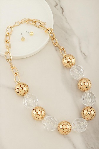 HONEYCOMB & CLEAR SPHERICAL BEAD STATEMENT NECKLACE SET