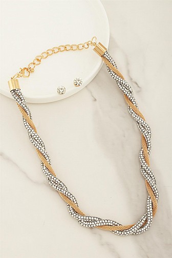 TWISTED MESH & RHINESTONE STATEMENT NECKLACE SET