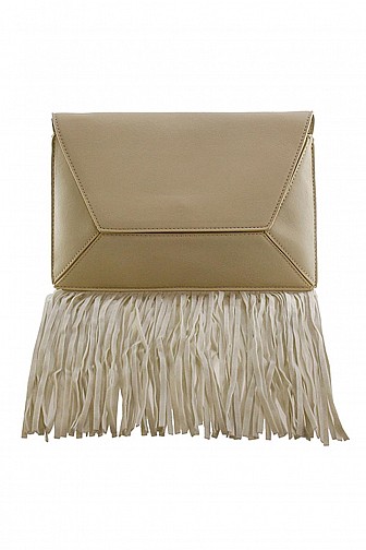STRUCTURED ENVELOPE CLUTCH WITH LONG FRINGE