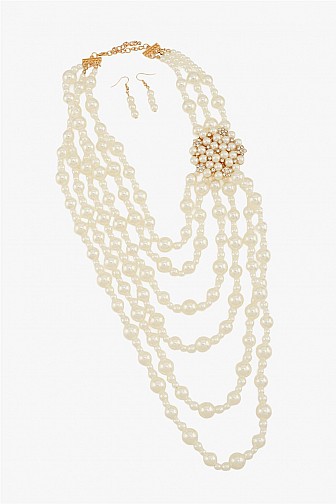 MULTI-STRAND PEARL FLORAL CLUSTER STATEMENT NECKLACE SET