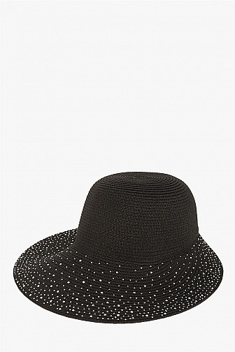 RHINESTONE-STUDDED STRAW SUN HAT
