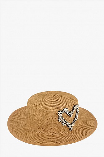 STATEMENT CRYSTAL HEART EMBELLISHED STRAW HAT