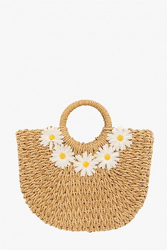 FLORAL-ACCENTED WOVEN STRAW CRESCENT TOTE BAG