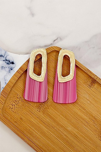 Pink Acrylic and Gold Textured Geometric Earrings