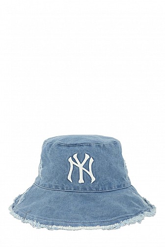DISTRESSED DENIM NY BUCKET HAT WITH WIRED BRIM
