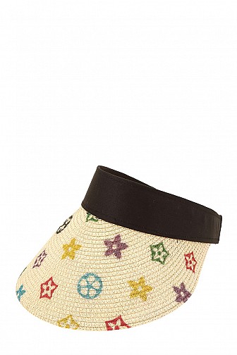 STRAW SUN VISORS WITH MULTI-COLORED STAR PATTERNS AND BLACK HEADBANDS