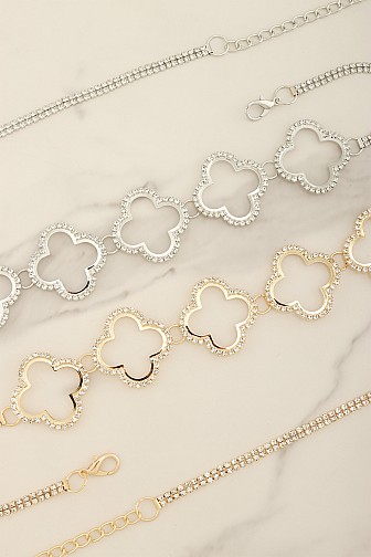 Rhinestone Clover Charm Link Chain Belt