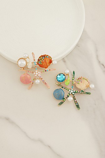 OCEANIC SEASHELL AND STARFISH CHARM BROOCH PIN