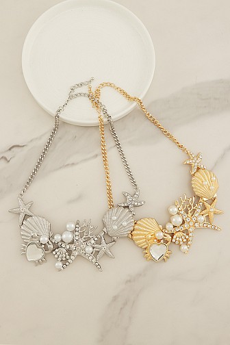 MARINE SEASHELL & STARFISH CHARM STATEMENT NECKLACE