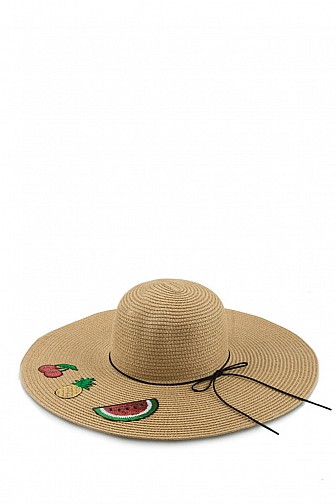 PATCHED SEQUIN FRUITS PAPER HAT WITH STRAP