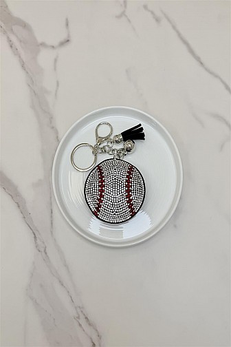 Sparkling rhinestone white baseball tassel keychain