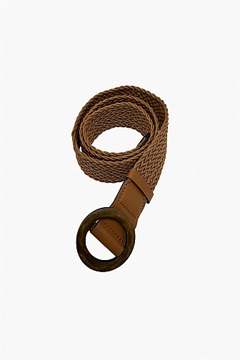 Brown woven elastic belt with wooden buckle