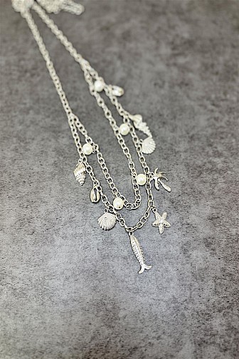 Silver ocean charm pearl layered belly chain