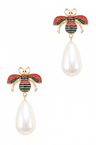 40MM TEARDROP PEARL DANGLE RHINESTONE BEE EARRING