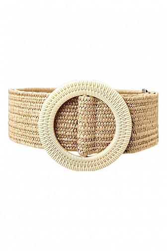 Woven Straw Elastic Waist Belt with Round Buckle