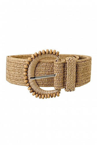 Woven Straw Elastic Belt with Beaded Round Buckle