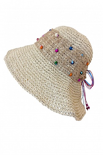Boho Beaded Straw Sun Hat with Colorful Back Bow